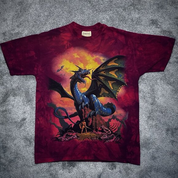 The Mountain T-Shirt 2000 Y2K Mens Large Burgundy Dragon Knight Tie-Dye - Picture 1 of 11